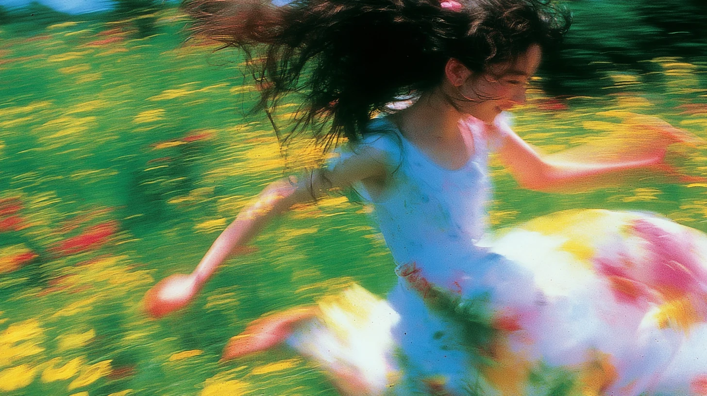 A girl running through a sunlit field of flowers